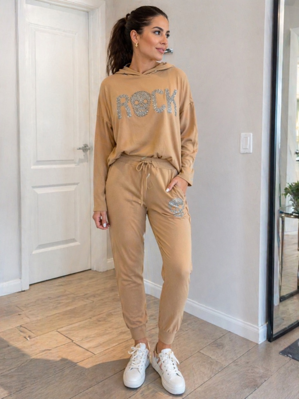 Women's Camel Hooded Joggers Set with Embellished 'ROCK' Detail